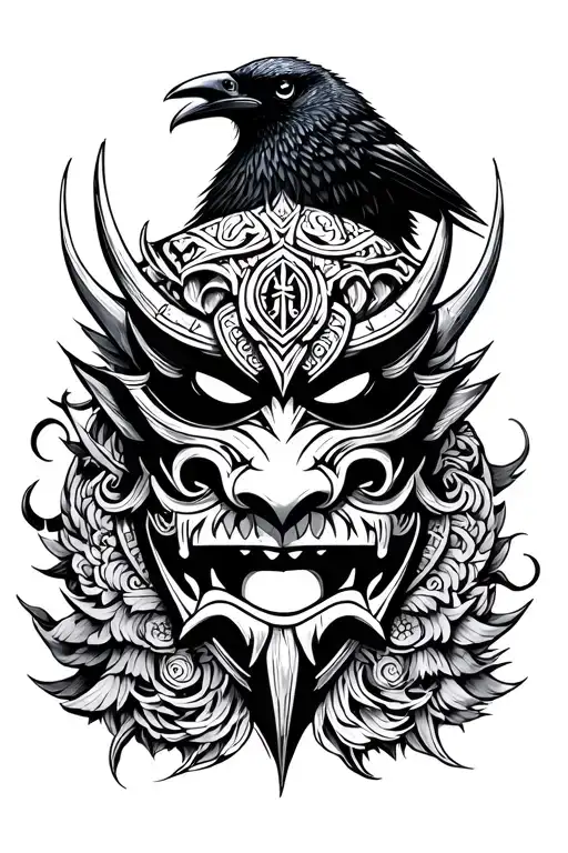 viking raven + viking runes + japanese Oni mask tattoo design idea