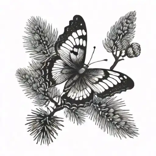 Dotwork A butterfly perched on a pine tree branch with mountains in the background tattoo design idea