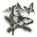 Dotwork A butterfly perched on a pine tree branch with mountains in the background tattoo design idea