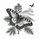 Dotwork A butterfly perched on a pine tree branch with mountains in the background tattoo design idea