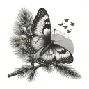 Dotwork A butterfly perched on a pine tree branch with mountains in the background tattoo design idea