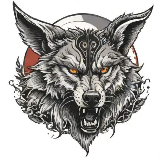 a angry wolf with a butterfly blood moon vikings  tattoo design idea