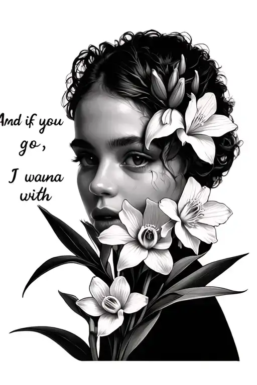 "And if you go, I wanna go with" narcissus and larkspur flower tattoo design idea