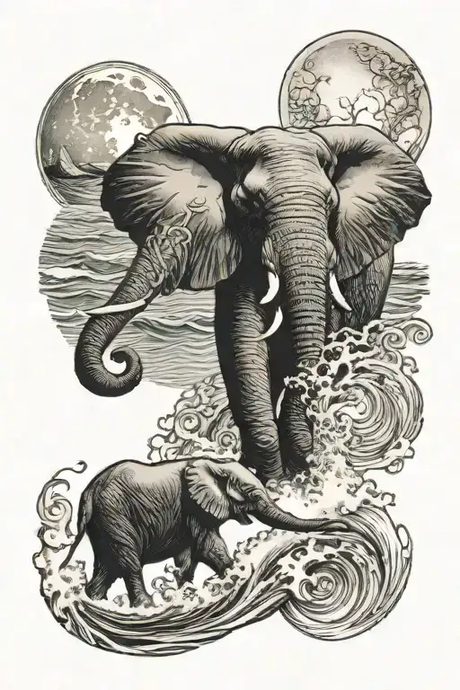 elephant with a full moon and ocean wave tattoo design idea