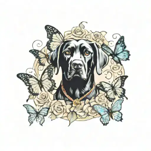 Neotraditional design of a black lab dressed as an Italian artist painting butterflies on a canvas tattoo design idea