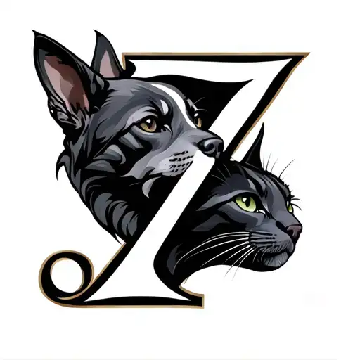 number 3 includind a dog head and number 7 including a black cat, celtic style tattoo design idea