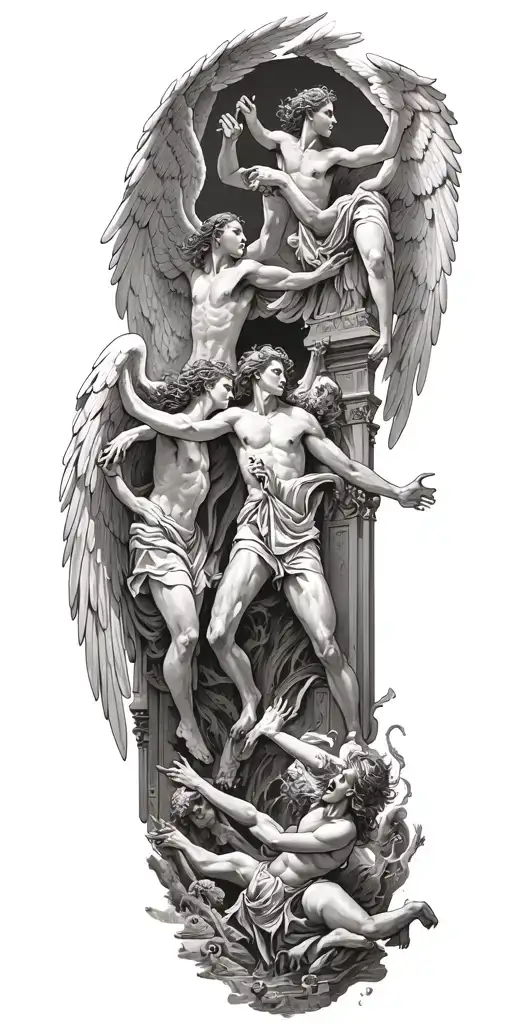 angels going through gates of heaven while fighting demons trapped in hell tattoo design idea