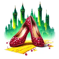 two sparkling ruby ballet slippers with yellow brick road and emerald city in background tattoo design idea