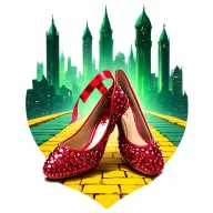 two sparkling ruby ballet slippers with yellow brick road and emerald city in background tattoo design idea