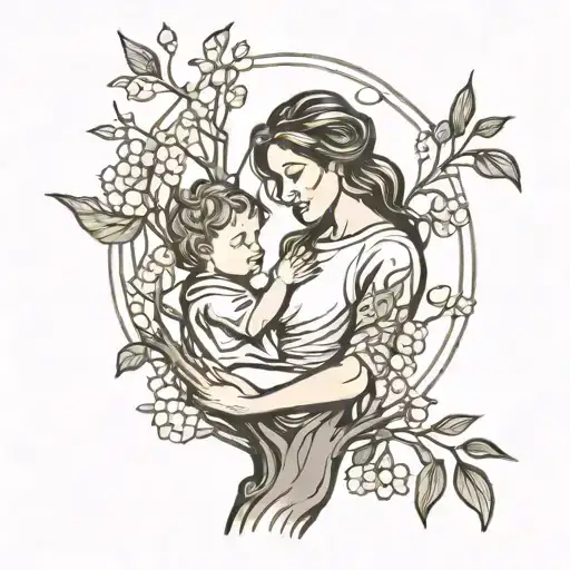 A new-school tattoo design featuring a whimsical mother and child silhouette under the shade of a willow tree tattoo design idea