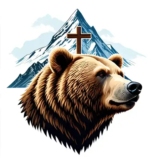 bear head infront on side of mountain with big big cross  tattoo design idea