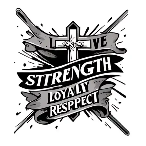 "love strength loyalty respect" banner around a cross tattoo design idea
