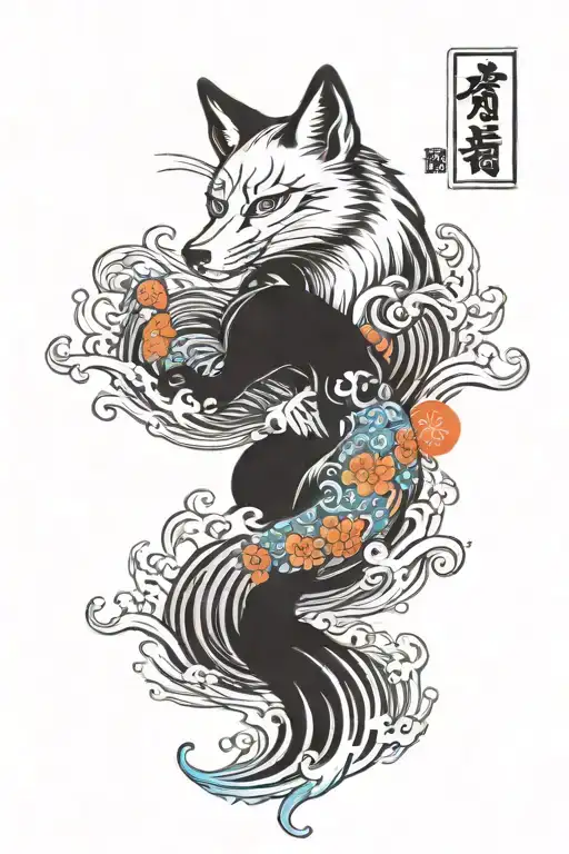 yakuza half sleeve tattoo with fox and Japanese water waves colorful  tattoo design idea