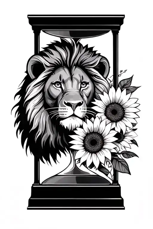 sunshine, lion, sunflowers, hourglass tattoo design idea