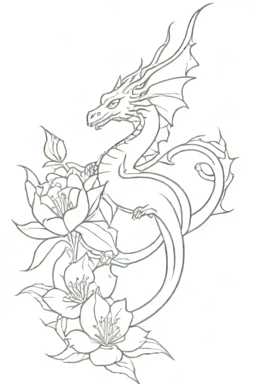 Dragon and flowers, dragon in flowers, flowers and dragon, tattoo sketch, tattoo sketch, minimalism  tattoo design idea