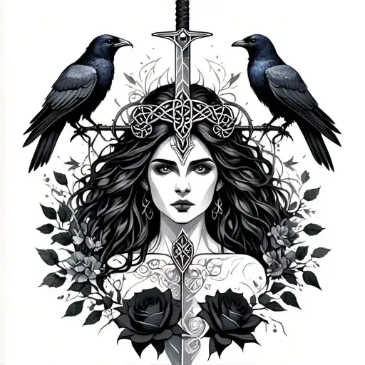 Celtic Goddess, Morrigan. Surrounded by ravens, black roses and swords tattoo design idea