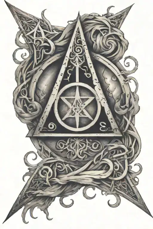 Elder Wand casting a spell with a integrated Sign of the Deathly Hallows tattoo design idea