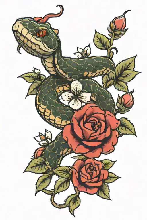 snake rose Japanese cherry blossom tattoo design idea