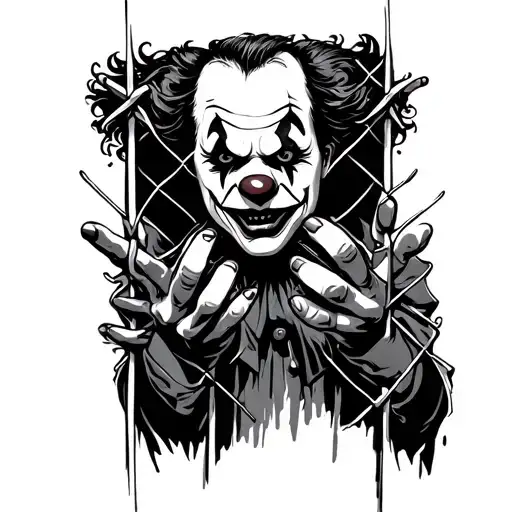 a scary clown who looks through a fence with both hands tattoo design idea