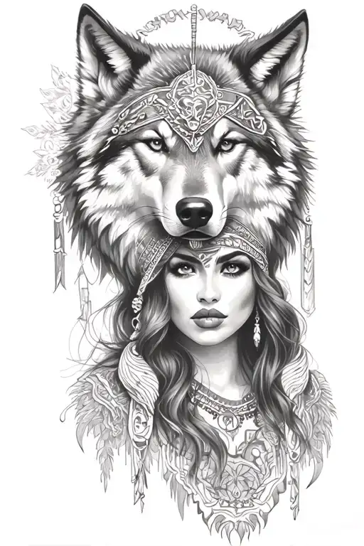 women with a wolf headdress tattoo design idea