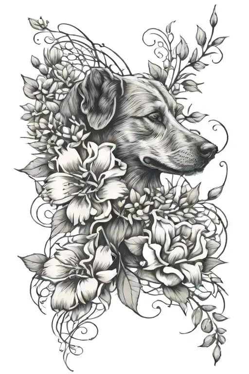  Flower tendril of eucalyptos and gypsophila with a dog paw fineline tattoo for forearm tattoo design idea