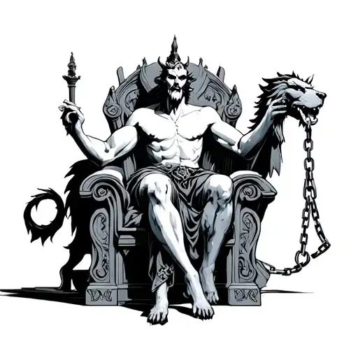 hades sitting on his throne, with one hand holding his bident and the other hand holding the chain in which cerberus is  tattoo design idea
