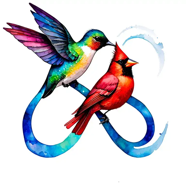 infinity symbol intertwined hummingbird and cardinal tattoo design idea