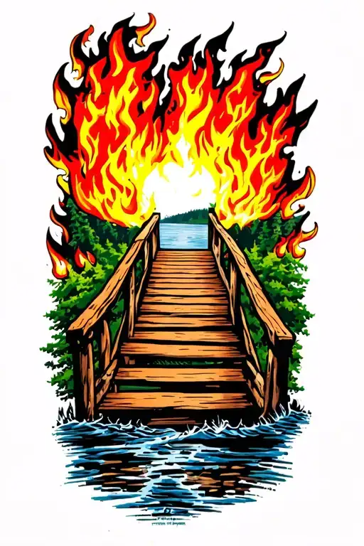 old wooden bridge on fire tattoo design idea