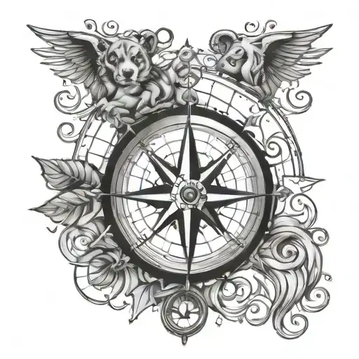 nautical compass and paw print surrounded tattoo design idea