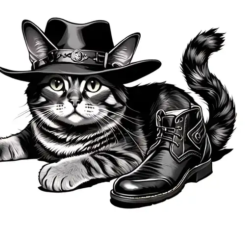 cat wearing cowboy boots and hat  tattoo design idea