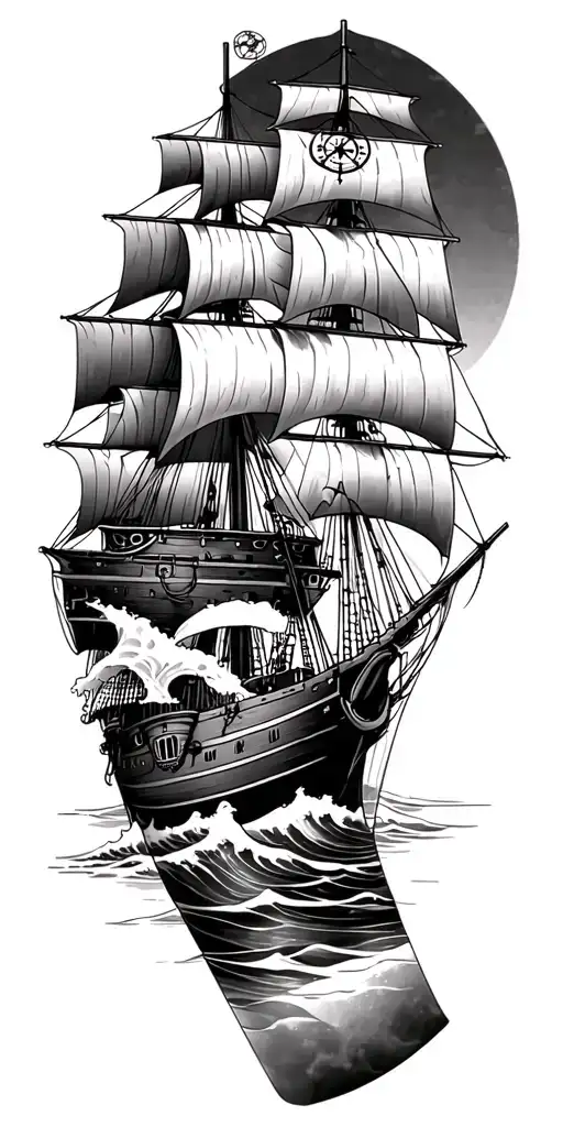 Full tattoo sleeve with pirate theme with ship, compass, and one eyed willie from the goonies. Include waves and make it tattoo design idea