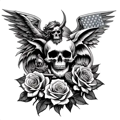i want a archangle micheal slaying the devil as well as a momento mori skull some roses and an american flag tattoo design idea