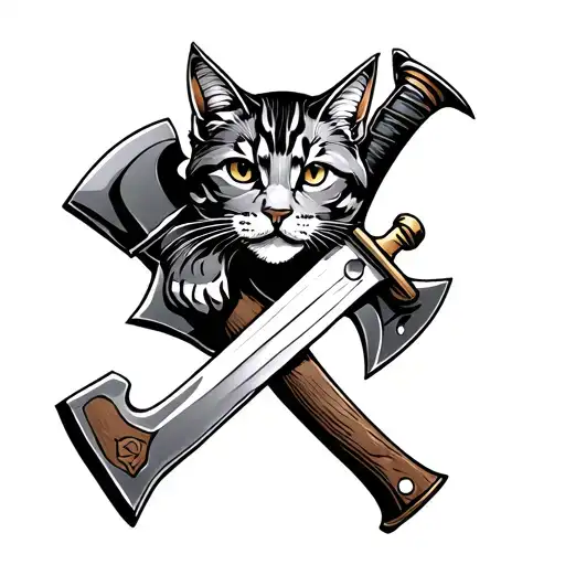 A hatchet and a Bayonet with feline feature beside each other tattoo design idea