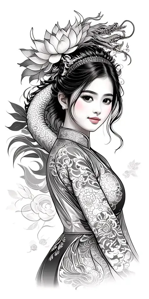 Vietnamese girls wear ao dai, lotus and Asian dragon tattoo design idea
