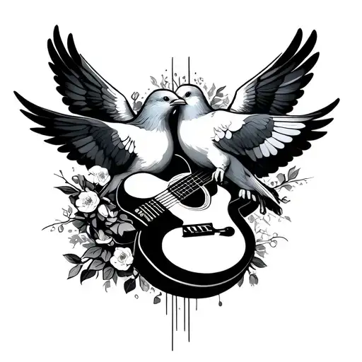 2 doves plucking a guitar strings tattoo design idea