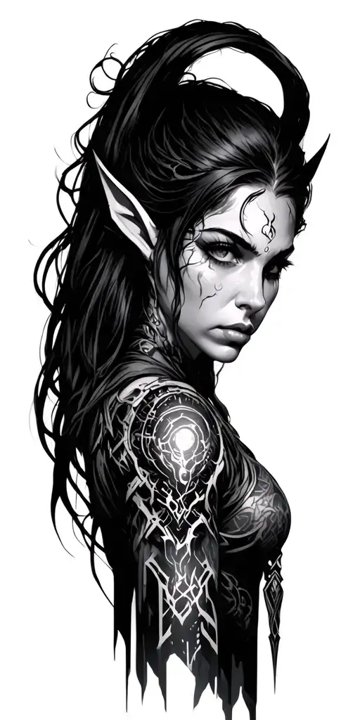Shadowrun elf mage with cybertech full sleeve tattoo tattoo design idea