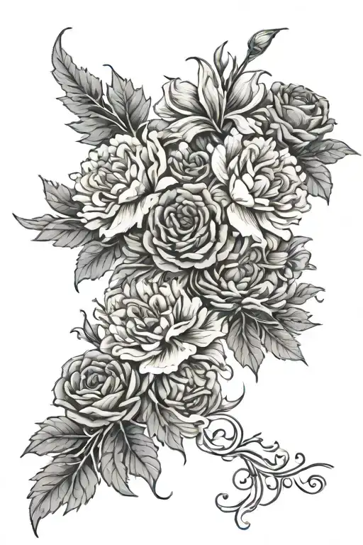 a spine tattoo of carnations, roses, chrysanthemums, and narcissus similar to the one attached tattoo design idea