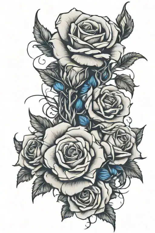 thorns coming out of a crown and the thorns blooms blue roses arm sleeve tattoo design idea