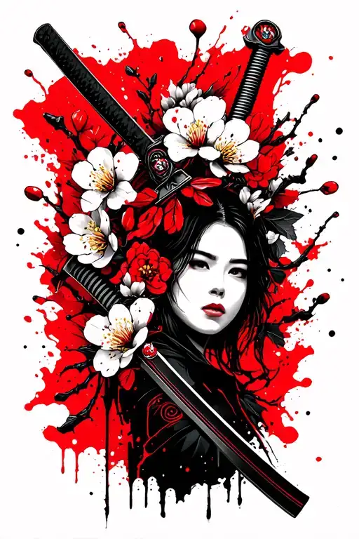 2 Katana surrounded by cherry blossoms tattoo design idea
