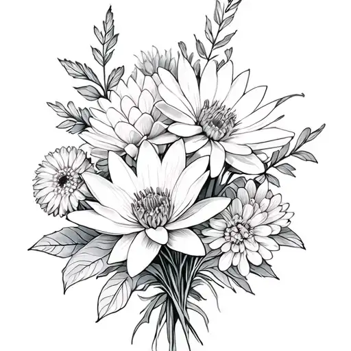 a bundle of flowers with water lily, cosmos and chrysanthemum tattoo design idea