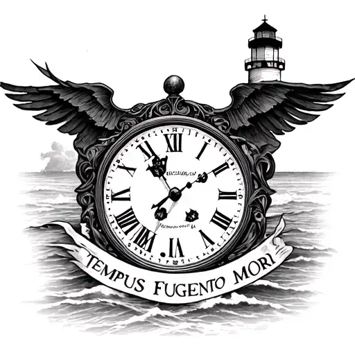 clock, text saying "Tempus Fugit Memento Mori", lighthouse tattoo design idea