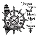 clock, text saying "Tempus Fugit Memento Mori", lighthouse tattoo design idea