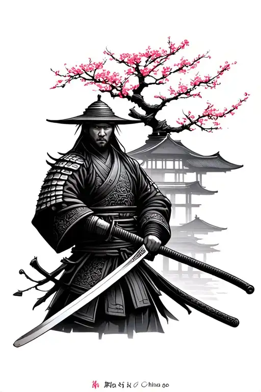 an illustrative piece featuring a Japanese samurai with a katana and a cherry tree and traditional Japanese architecture tattoo design idea