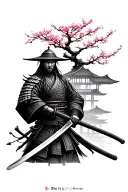 an illustrative piece featuring a Japanese samurai with a katana and a cherry tree and traditional Japanese architecture tattoo design idea
