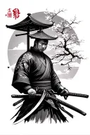an illustrative piece featuring a Japanese samurai with a katana and a cherry tree and traditional Japanese architecture tattoo design idea