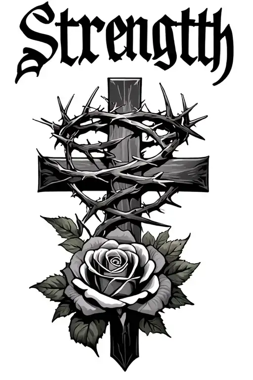 "Strength" cross, crown of thorns wrapped, rose intertwined tattoo design idea