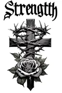 "Strength" cross, crown of thorns wrapped, rose intertwined tattoo design idea