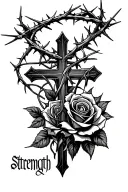 "Strength" cross, crown of thorns wrapped, rose intertwined tattoo design idea