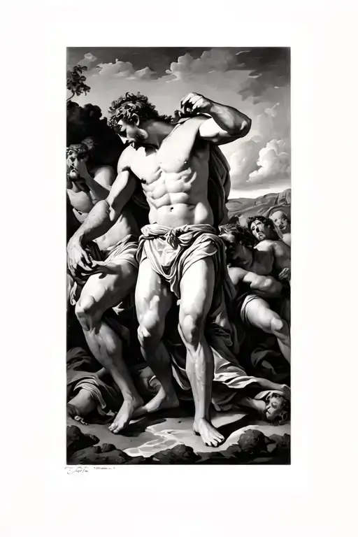 Caravaggio painting of David beheading Goliath with a square border tattoo design idea