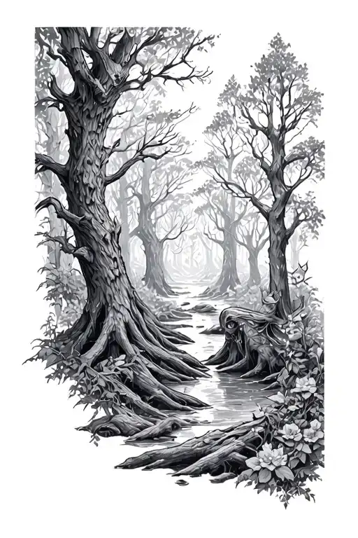 medieval dark fantasy forest tattoo design idea